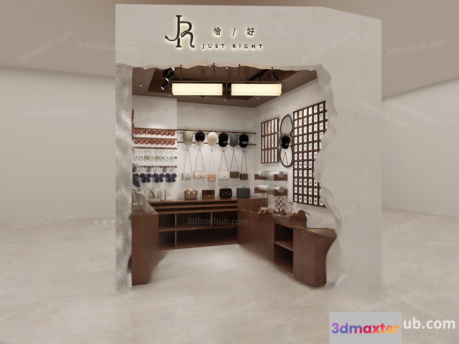 A Store Display With Various Bags 3D Model - 22621 - VRAY Render