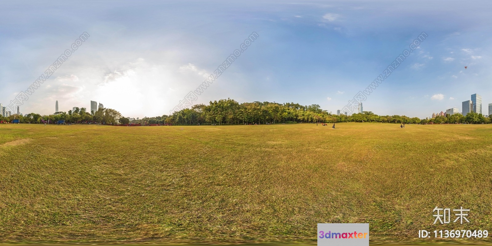 A Grassy Field With A City Skyline In The Background 3D Model - 10076 - VRAY Render