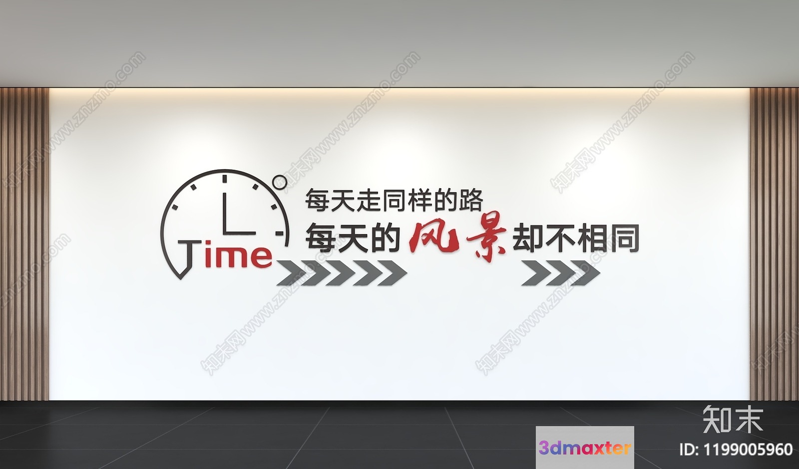 A White Wall With A Clock And Chinese Writing 3D Model - 22766 - VRAY Render