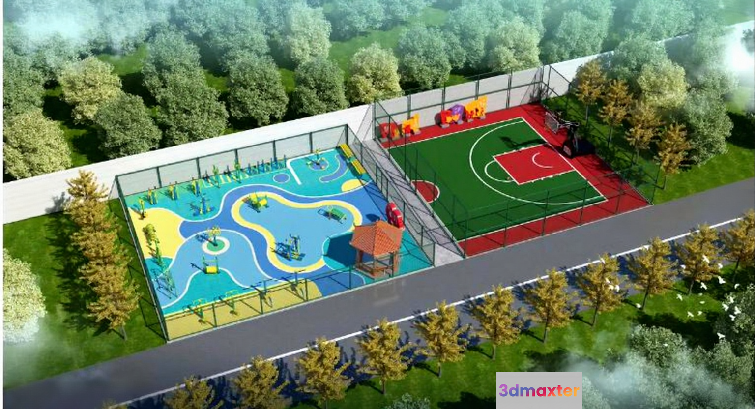 A Playground With A Basketball Court 3D Model - 10710 - VRAY Render