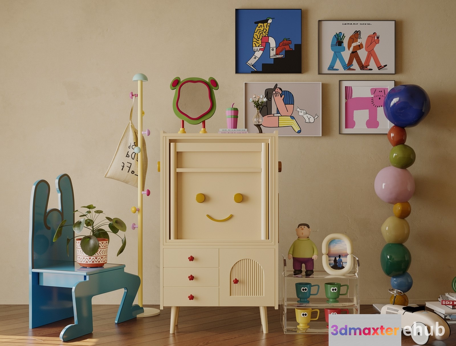 A Colorful Wall With Artwork 3D Model - 20254 - VRAY Render