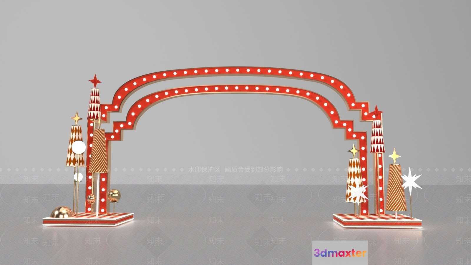 A Red And White Archway With Christmas Decorations 3D Model - 8162 - VRAY Render