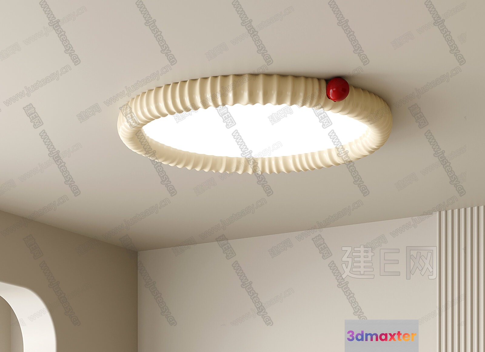 The Main Subject Is A White Circular Light Fixture With A Red Accent 3D Model - 696 - VRAY Render
