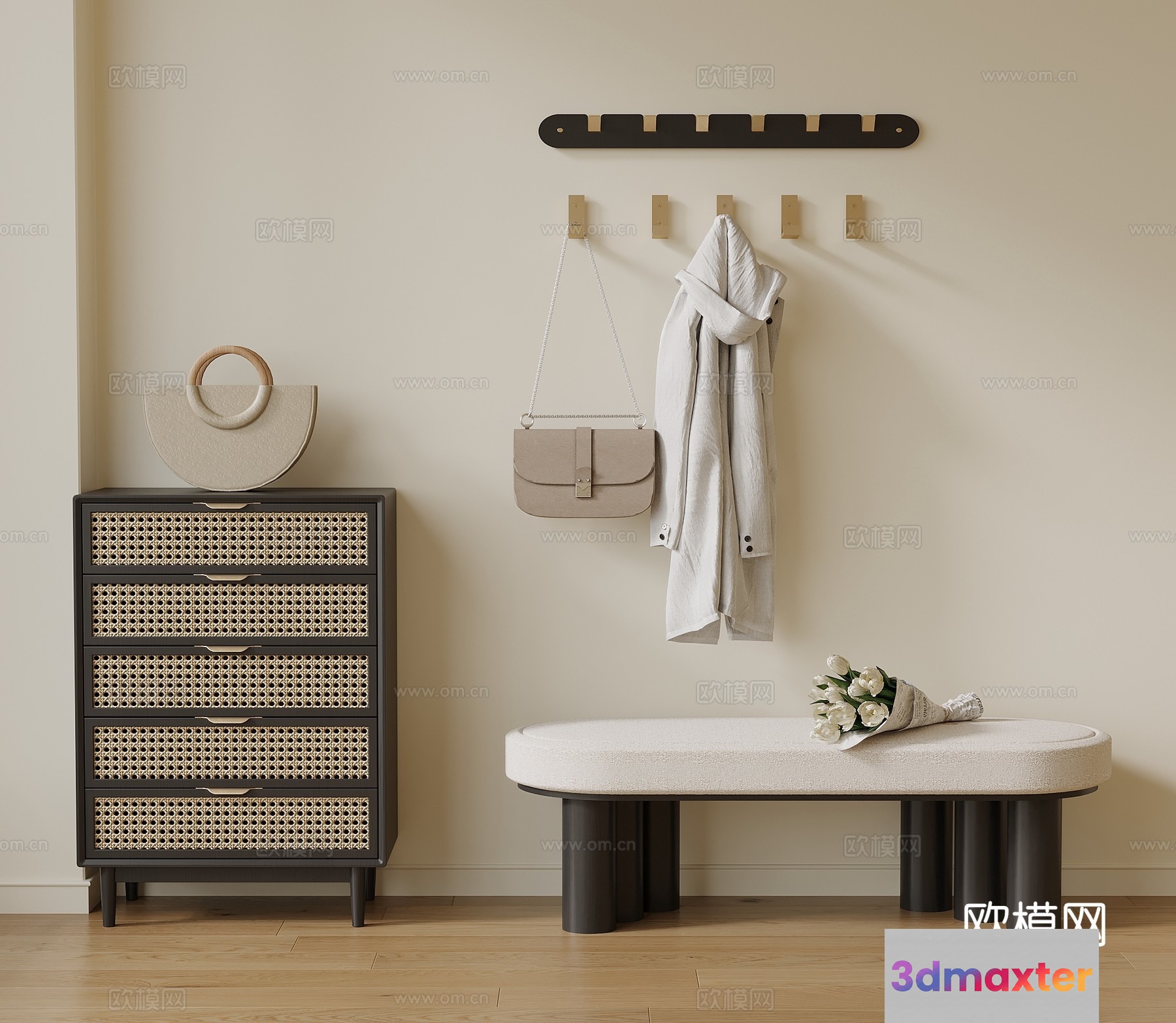 A Minimalist Hallway With A Bench And Coat Rack 3D Model - 19197 - VRAY Render