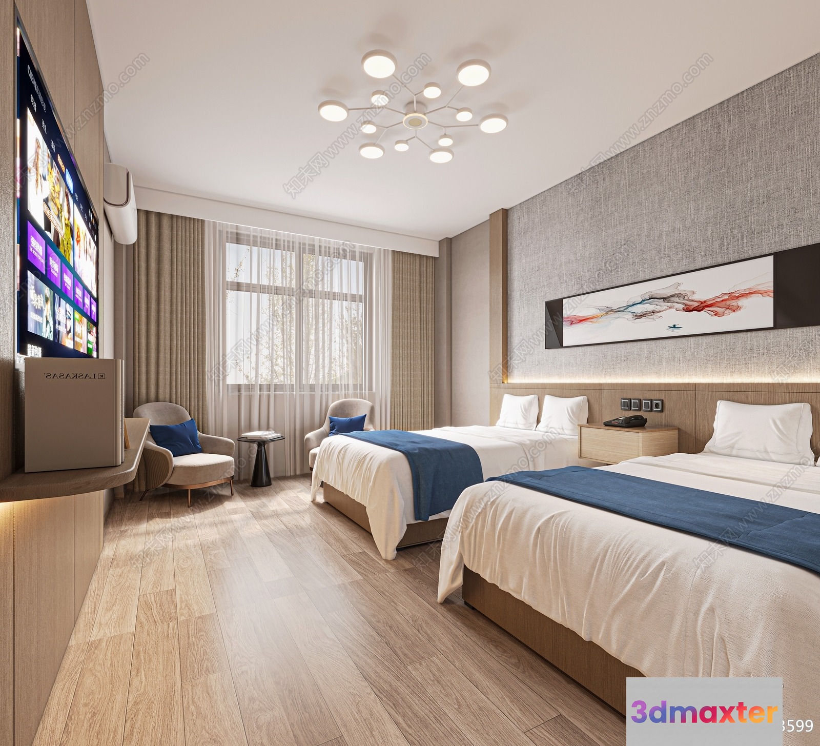 A Hotel Room With Two Beds 3D Model - 12873 - CORONA Render
