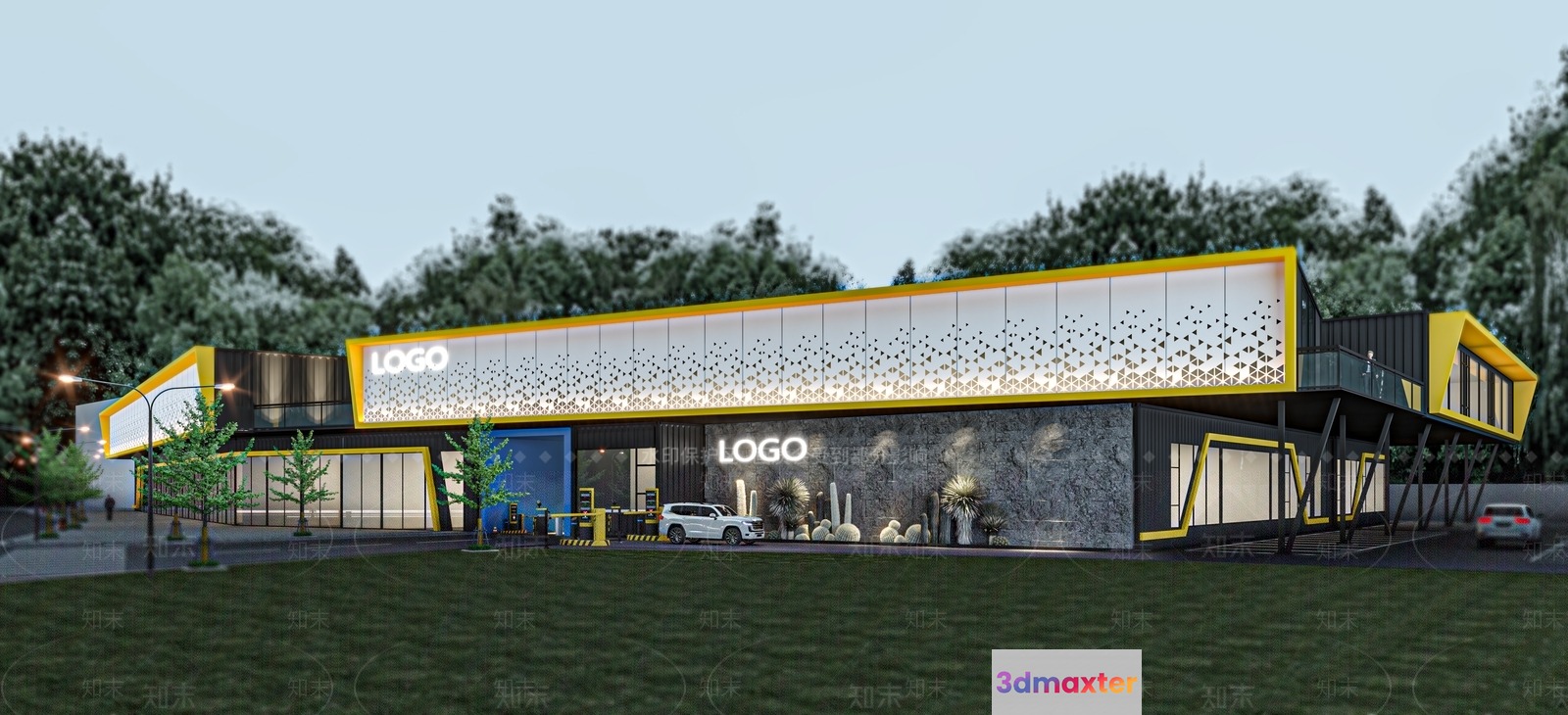 The Main Subject Is A Modern Building With A Yellow And White Color Scheme 3D Model - 11512 - VRAY Render