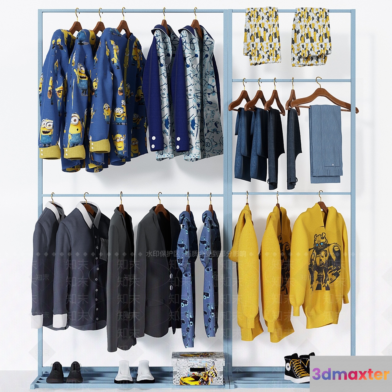 A Clothing Rack With Various Shirts And Shoes 3D Model - 4172 - CORONA Render