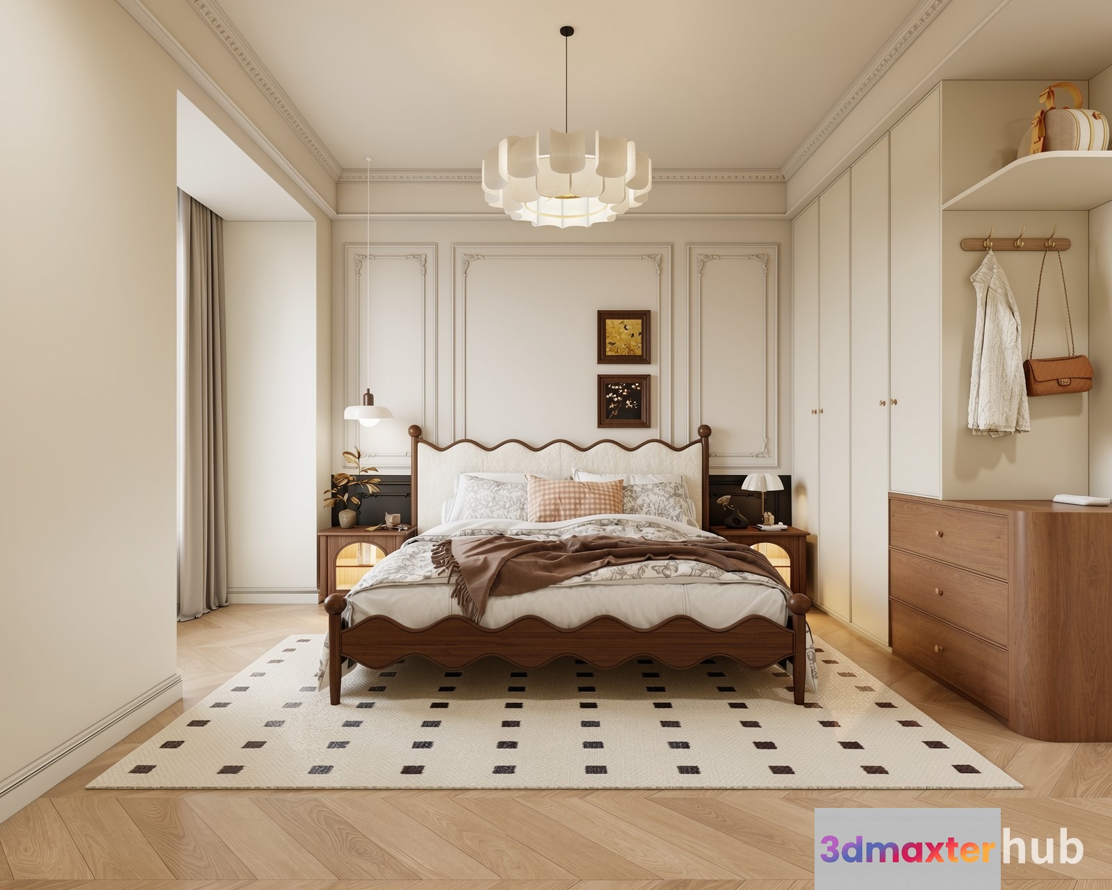 A Bedroom With A Wooden Bed 3D Model - 21941 - VRAY Render