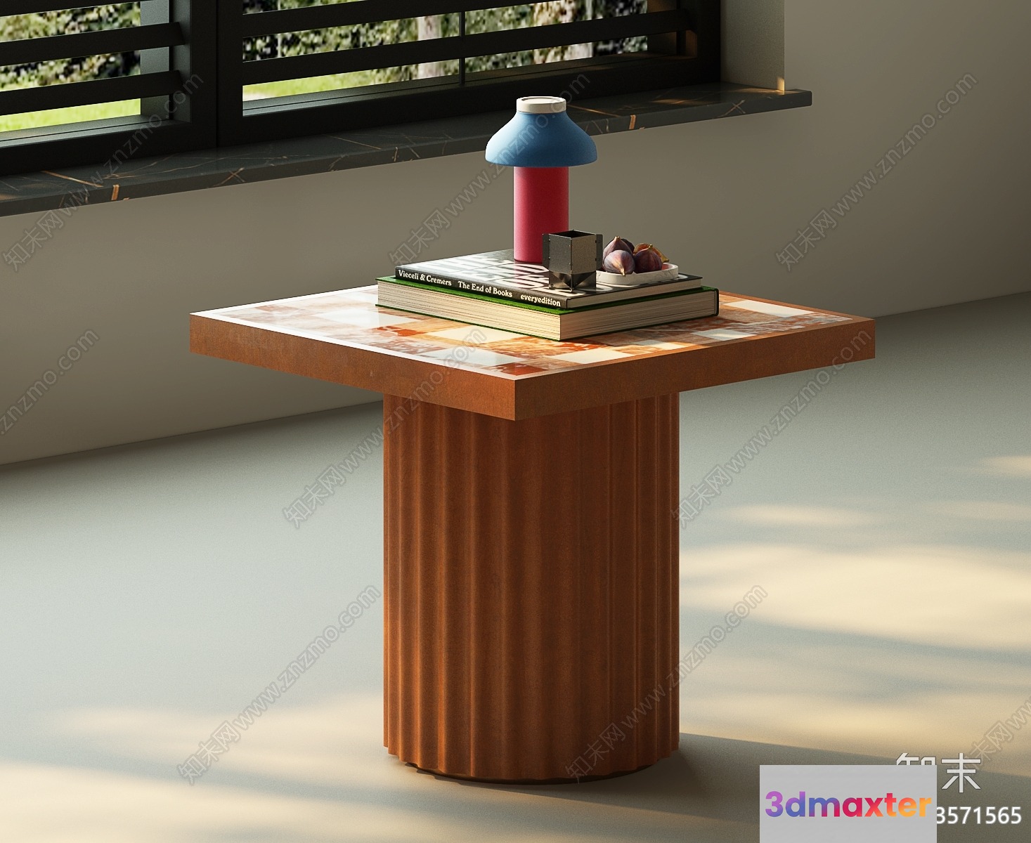 A Wooden Table With A Vase And Books 3D Model - 9890 - VRAY Render