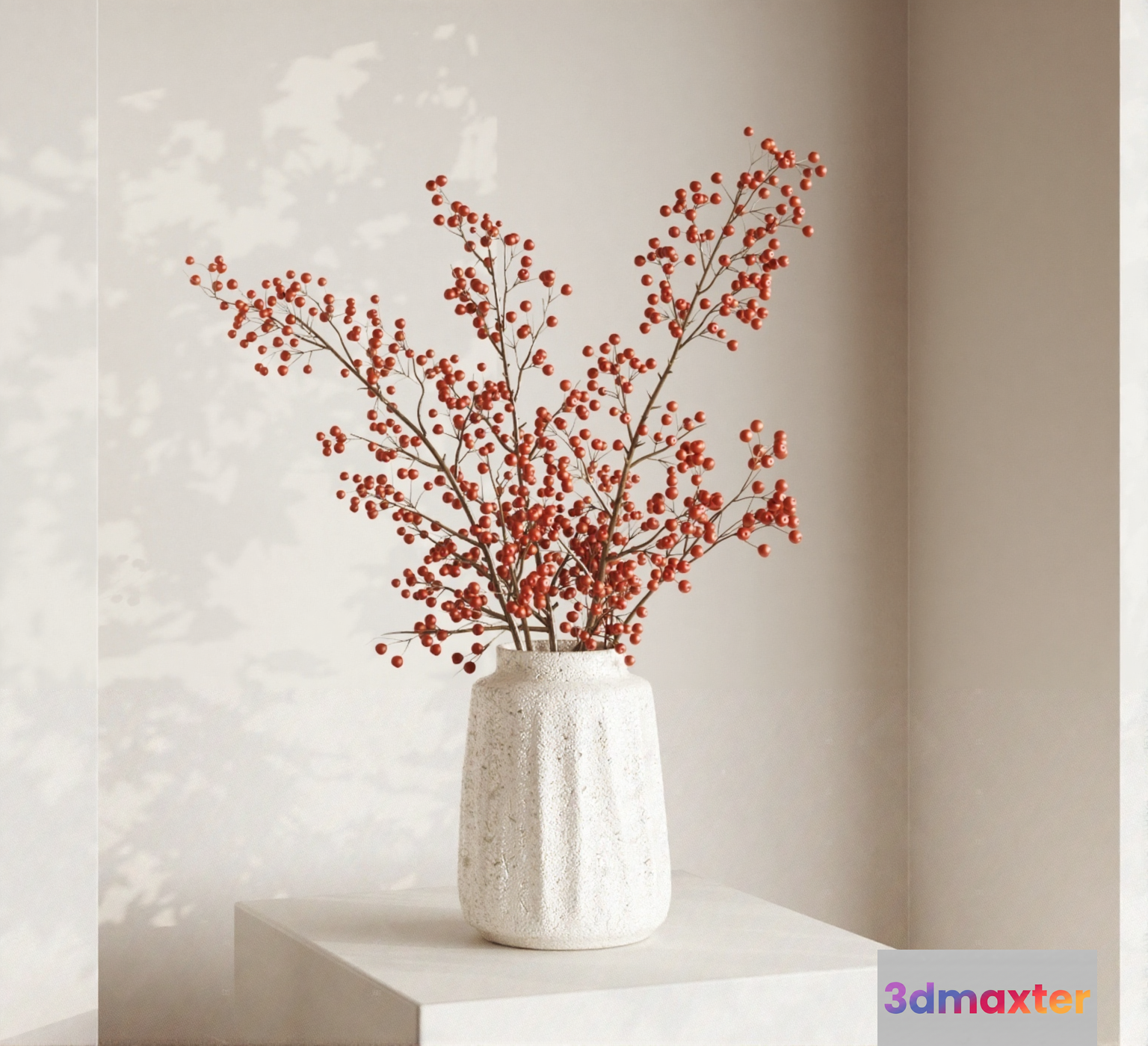A White Vase With Red Berries 3D Model - 11318 - CORONA Render