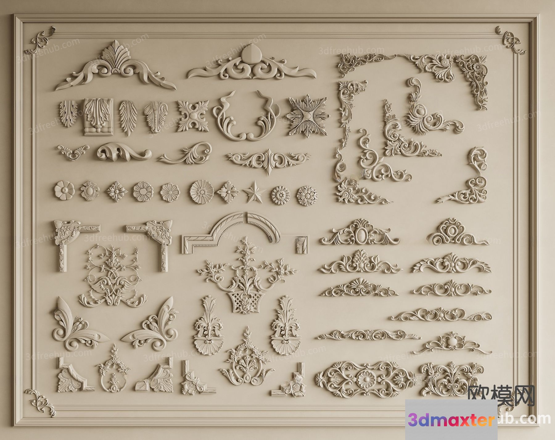 This Image Features A Collection Of Ornate White Plaster Moldings 3D Model - 19949 - VRAY Render