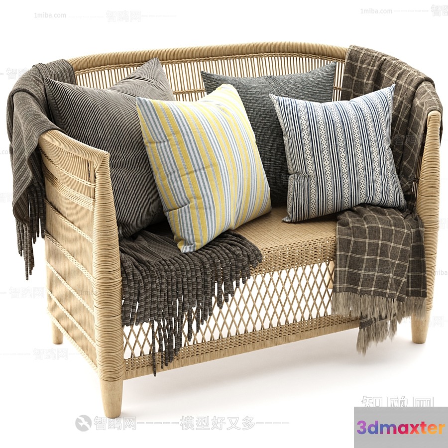 A Wicker Loveseat With Throw Pillows 3D Model - 9751 - VRAY Render