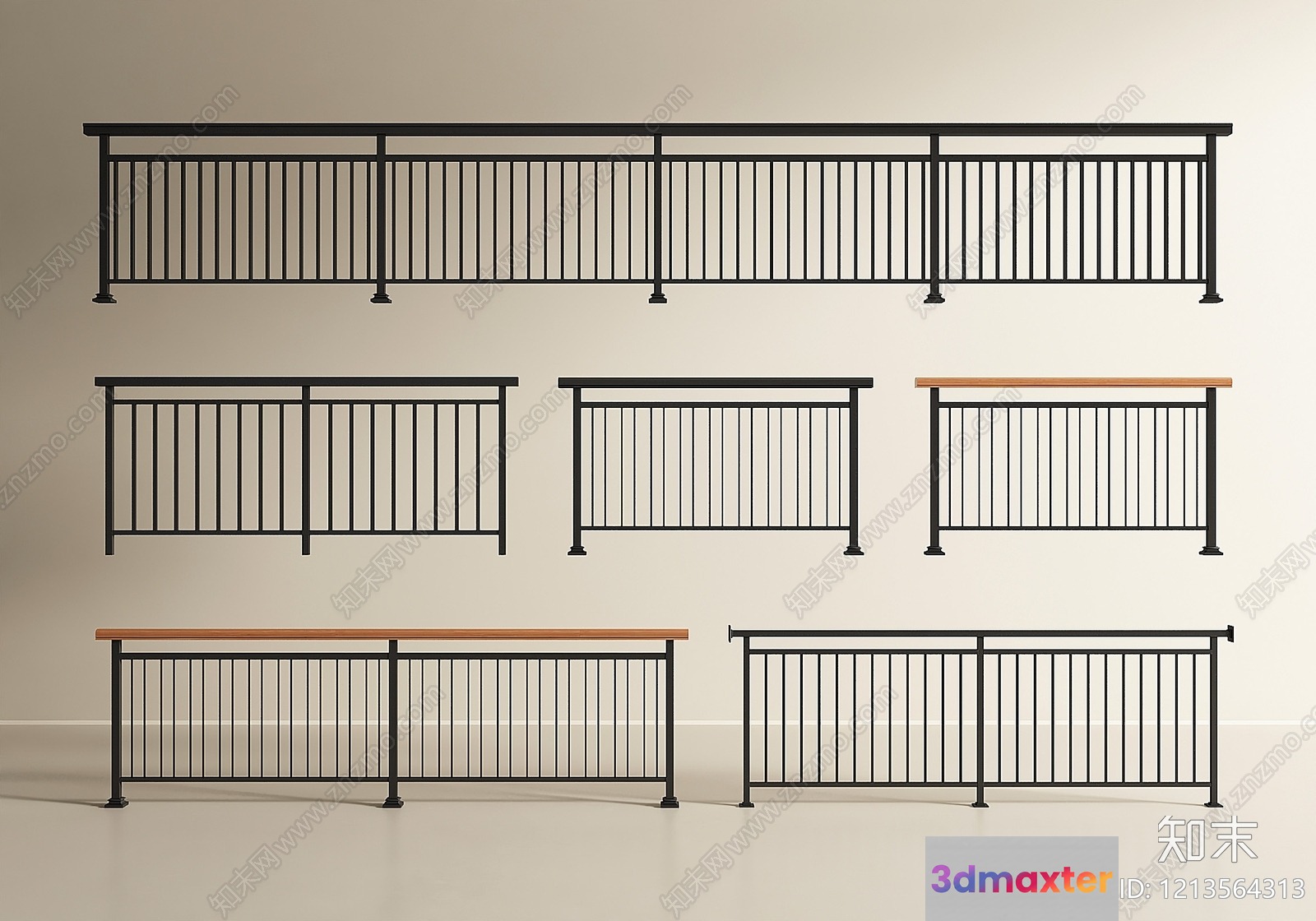 Black Metal Railings With Wooden Tops 3D Model - 23212 - VRAY Render