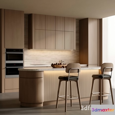 Modern Kitchen With Bar Stools 3D Model - 19638 - VRAY Render