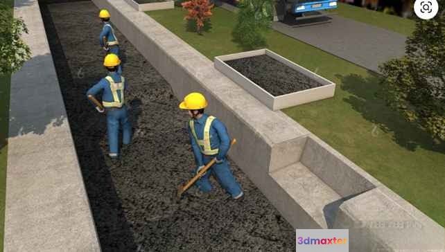 Three Workers In Blue Overalls And Yellow Hard Hats 3D Model - 9966 - VRAY Render