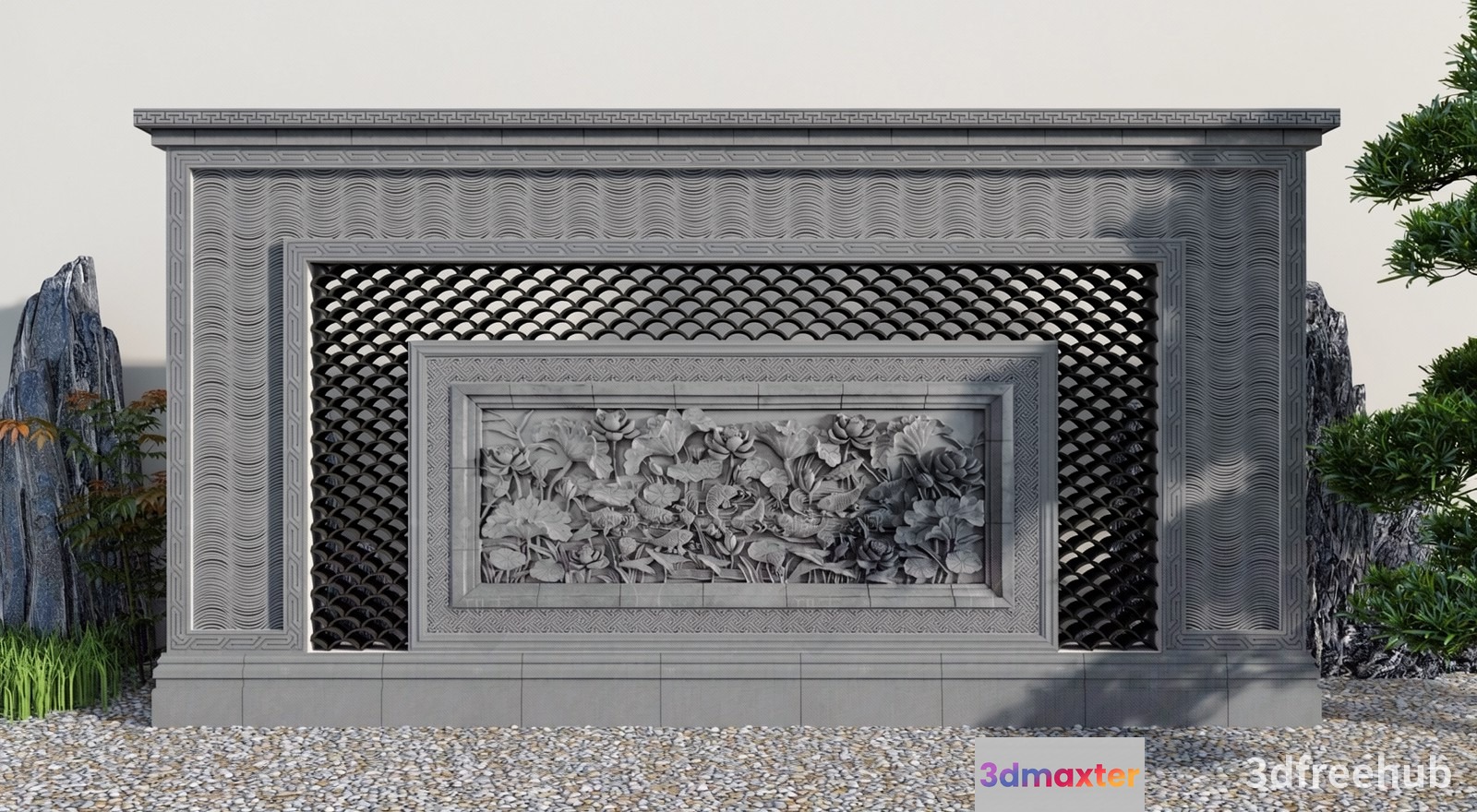 A Stone Wall With A Floral Design 3D Model - 22281 - VRAY Render