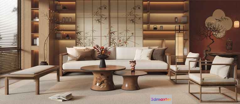 Modern Japanese-Inspired Living Room 3D Model - 6017 - VRAY Render