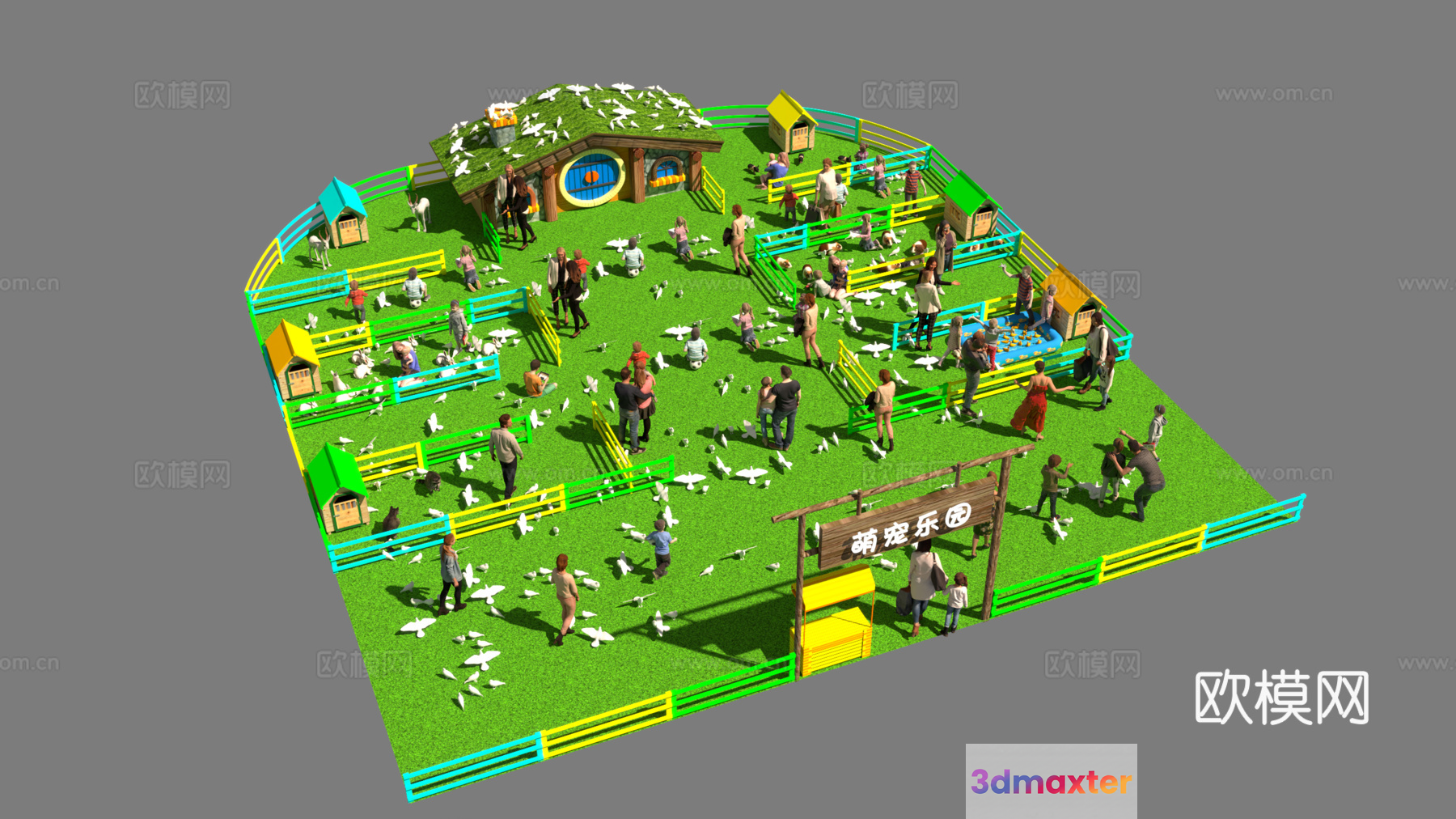A 3D Model Of A Farm With People And Animals 3D Model - 9040 - VRAY Render