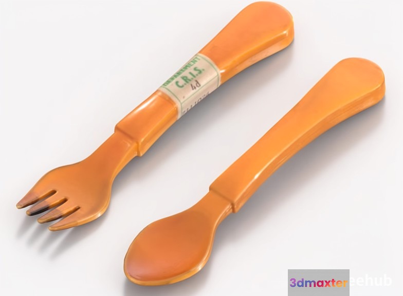 A Pair Of Orange Plastic Baby Spoons 3D Model - 4331 - VRAY Render