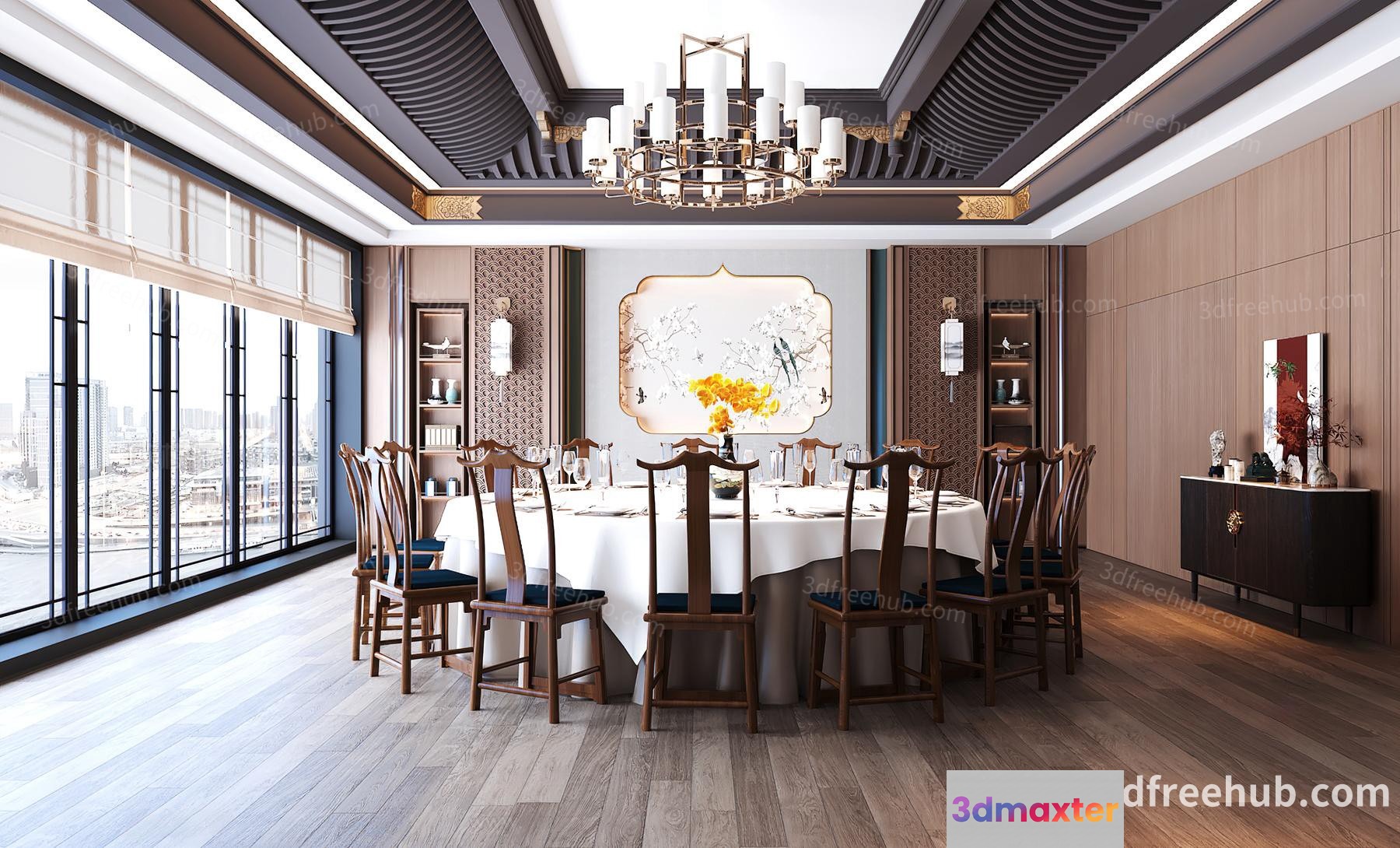 A Large Dining Room With A Table And Chairs 3D Model - 22998 - VRAY Render