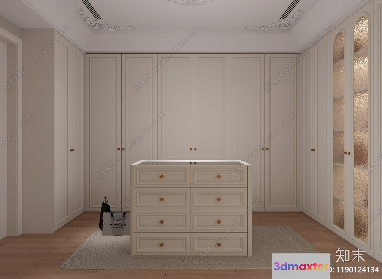 A Walk-In Closet With White Cabinets And Drawers 3D Model - 2060 - CORONA Render