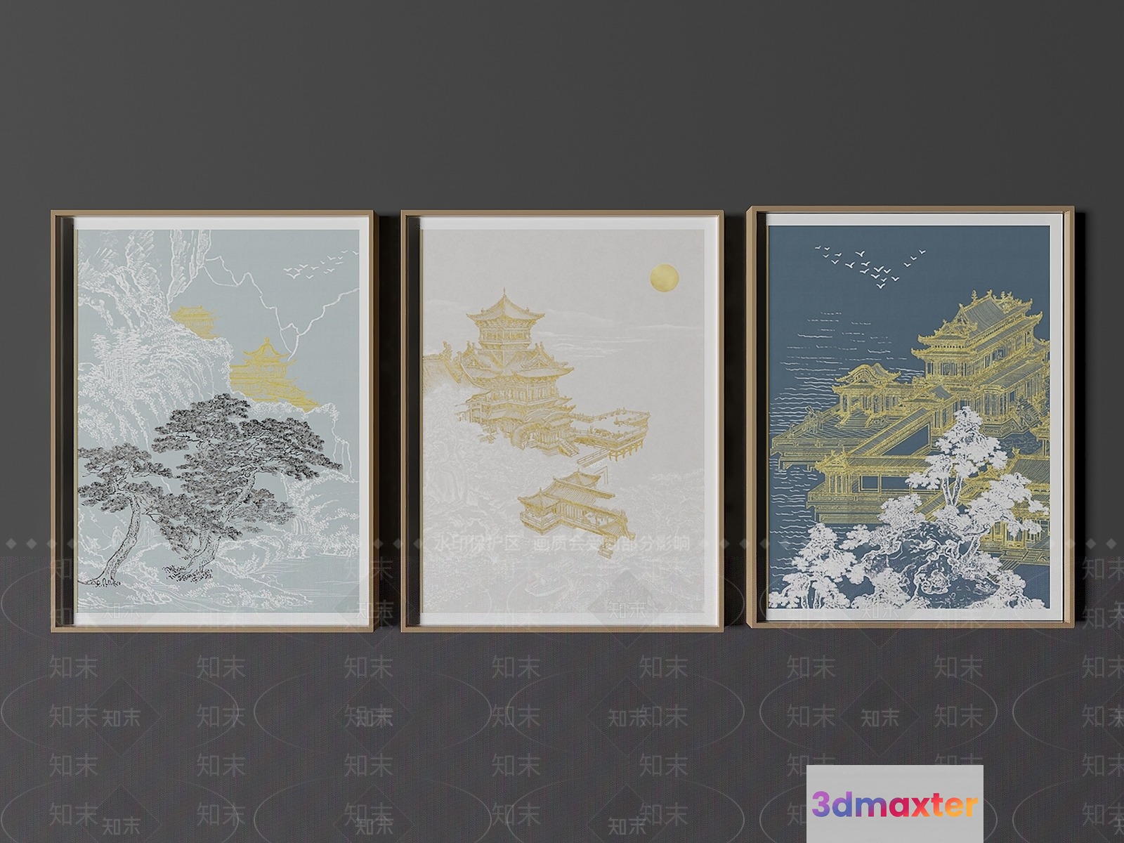 Three Framed Pictures Of Asian-Inspired Artwork 3D Model - 2039 - VRAY Render
