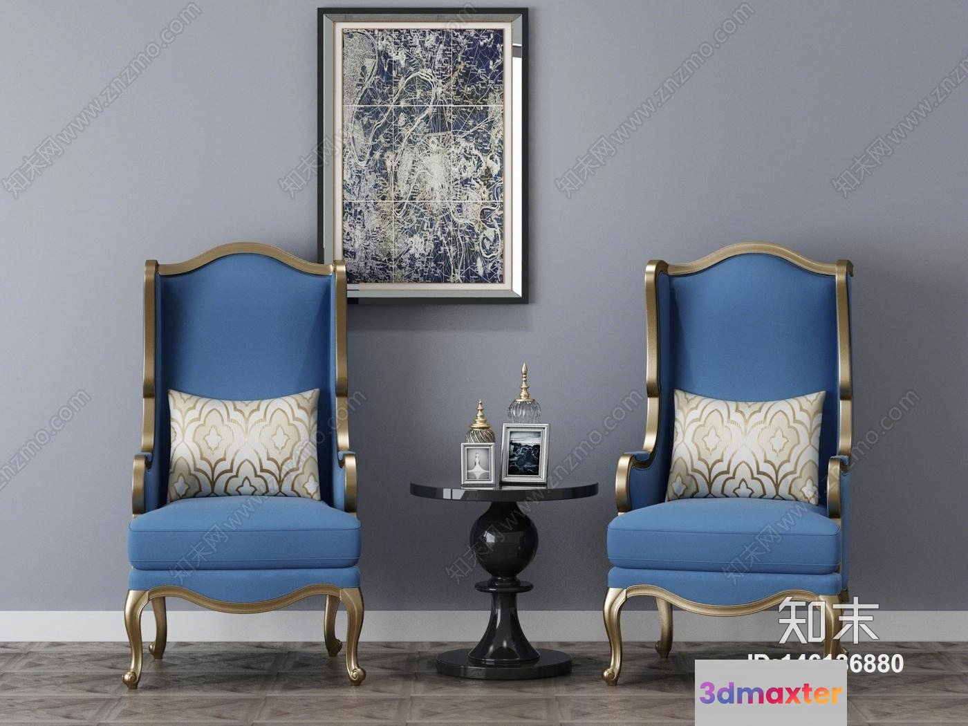 A Pair Of Blue And Gold Chairs 3D Model - 4731 - VRAY Render