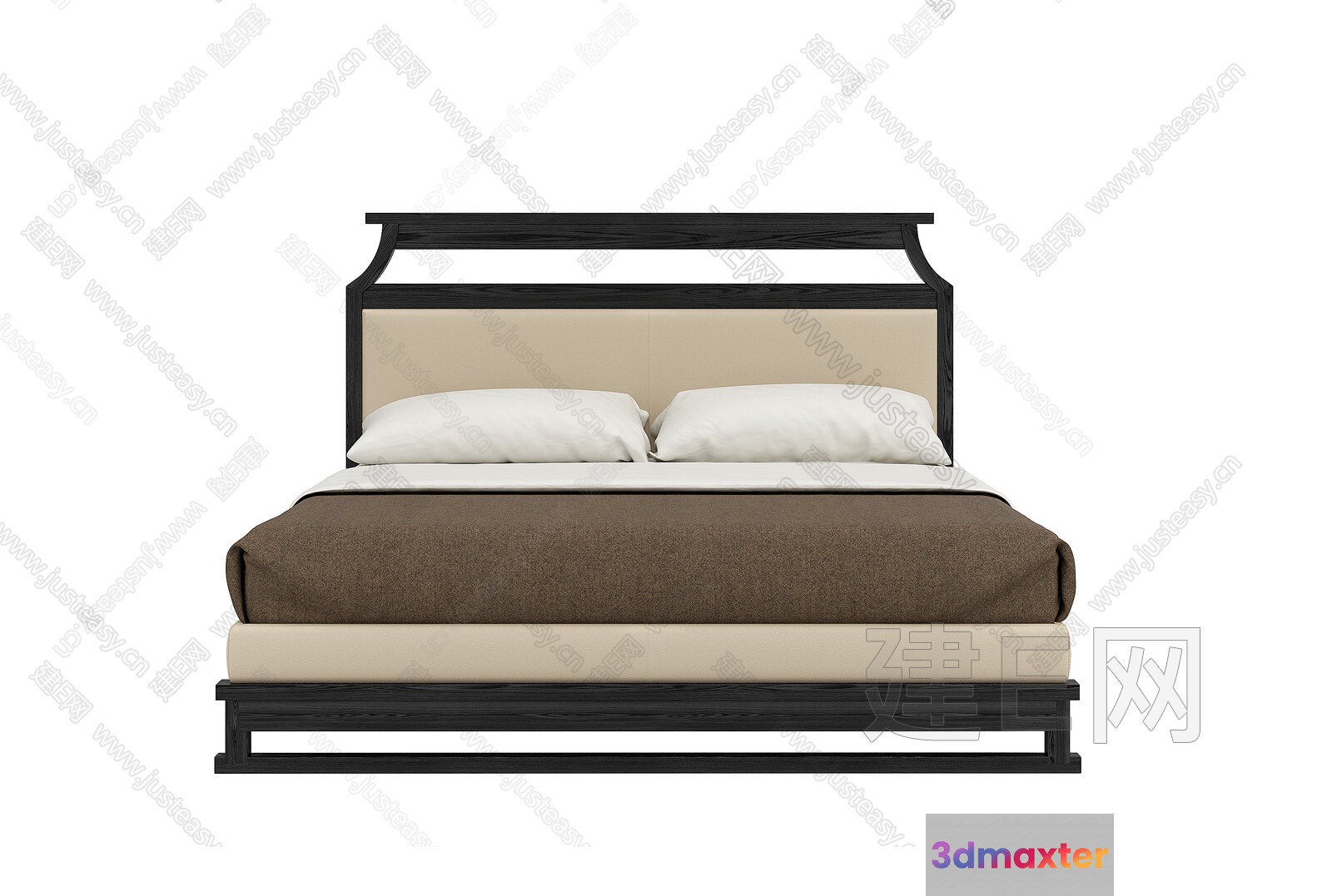 A Bed With A Dark Wood Frame And A Beige Headboard 3D Model - 3109 - VRAY Render