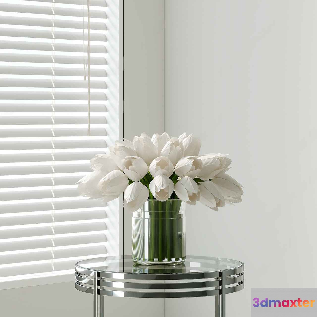 A Vase Of White Tulips On A Glass Table 3D Model - 4378 - VRAY Render