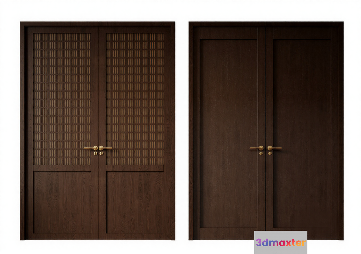 Two Dark Brown Doors With Gold Handles 3D Model - 12835 - CORONA Render