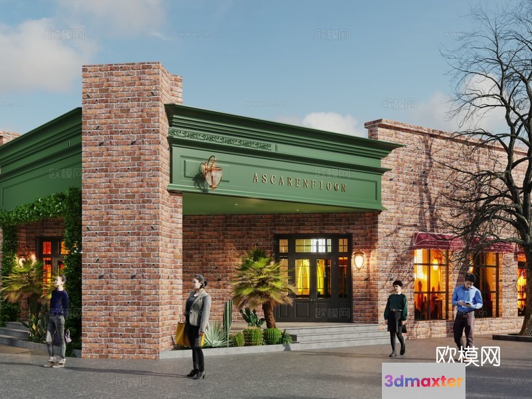 A Building With A Green Sign And A Group Of People In Front Of It 3D Model - 17017 - CORONA Render