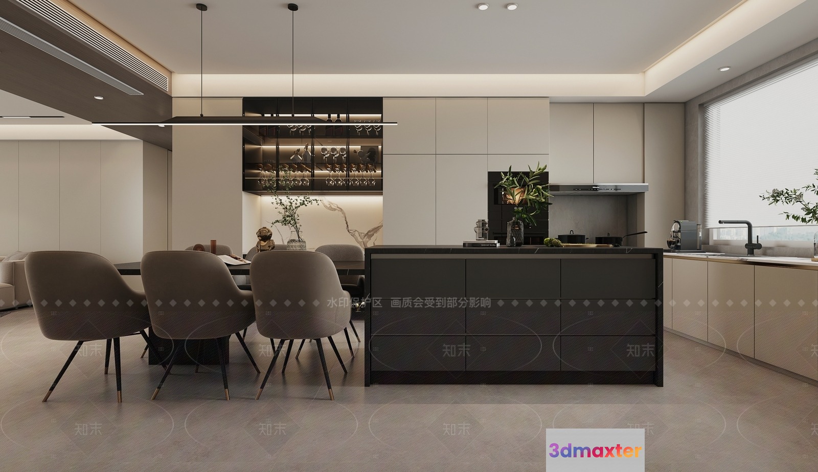 Modern Kitchen With Island 3D Model - 14463 - VRAY Render