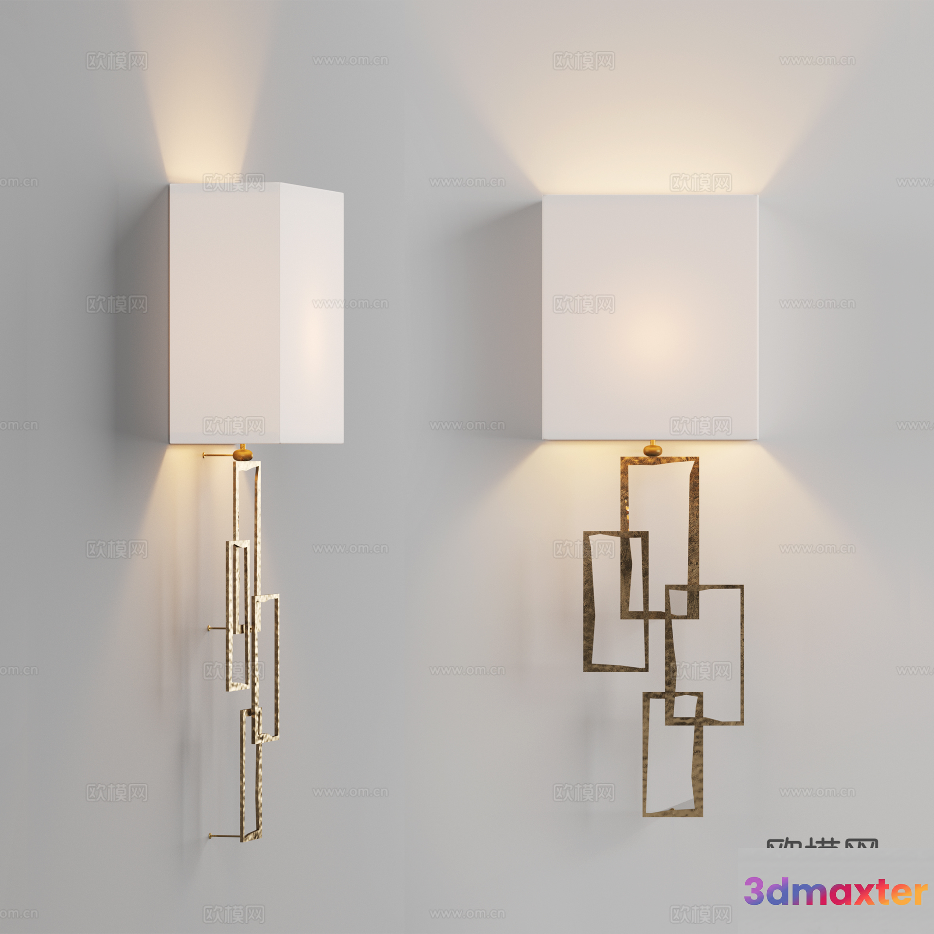 Two Wall Sconces With White Shades And Gold Accents 3D Model - 14689 - VRAY Render