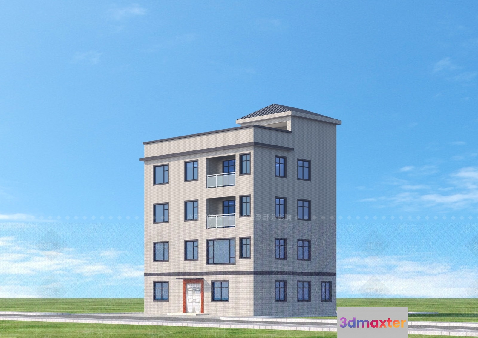 A Tall Multi-Story Building With A Flat Roof And Rectangular Shape 3D Model - 14437 - VRAY Render