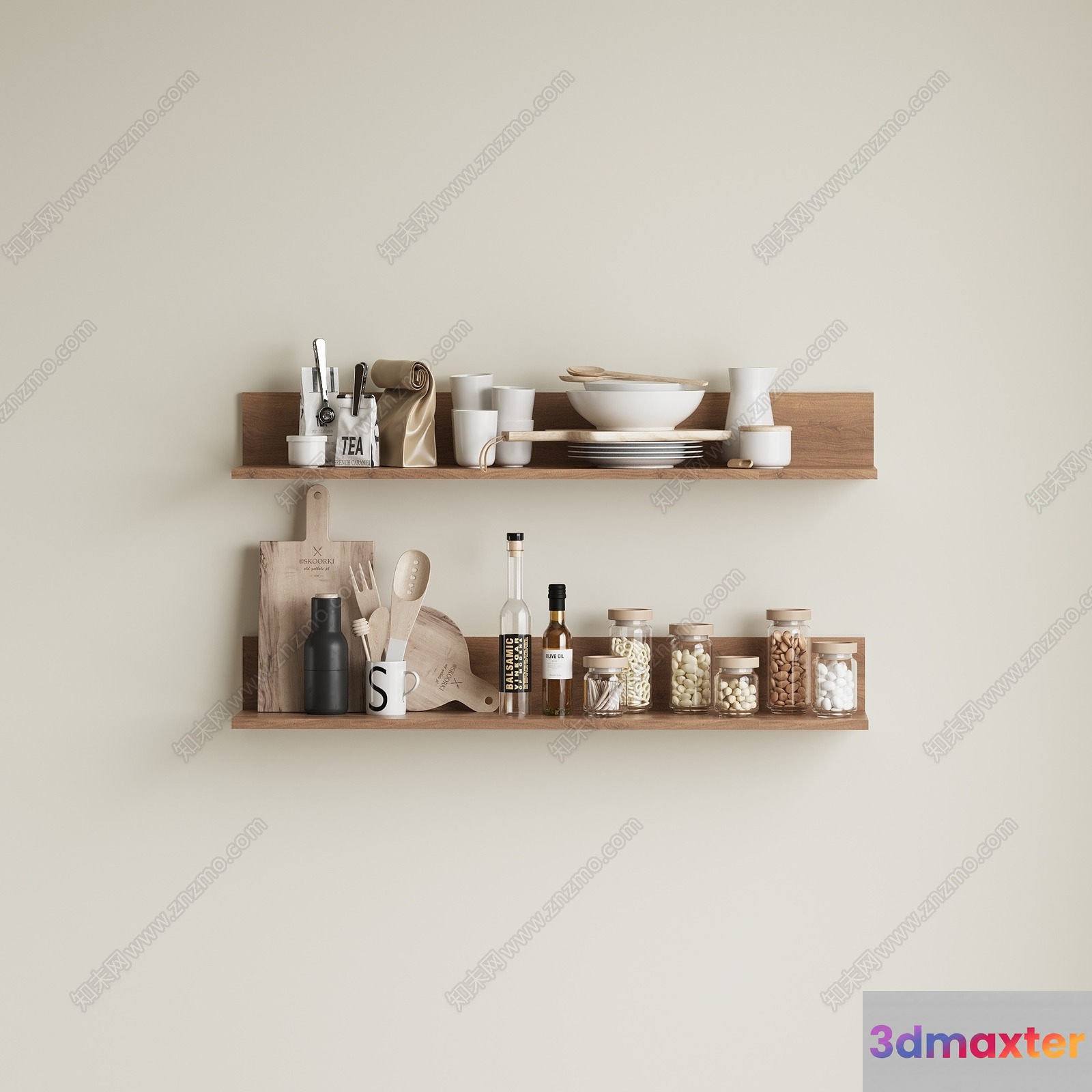A Wooden Shelf With Kitchen Items 3D Model - 23086 - VRAY Render