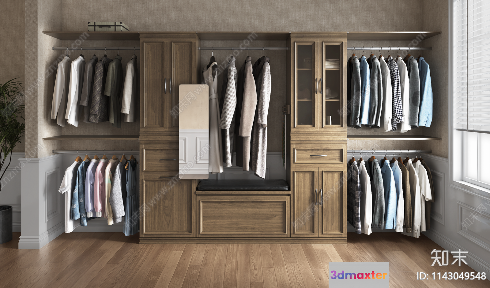 A Large Walk-In Closet With Wooden Cabinets And Shelves 3D Model - 20373 - VRAY Render