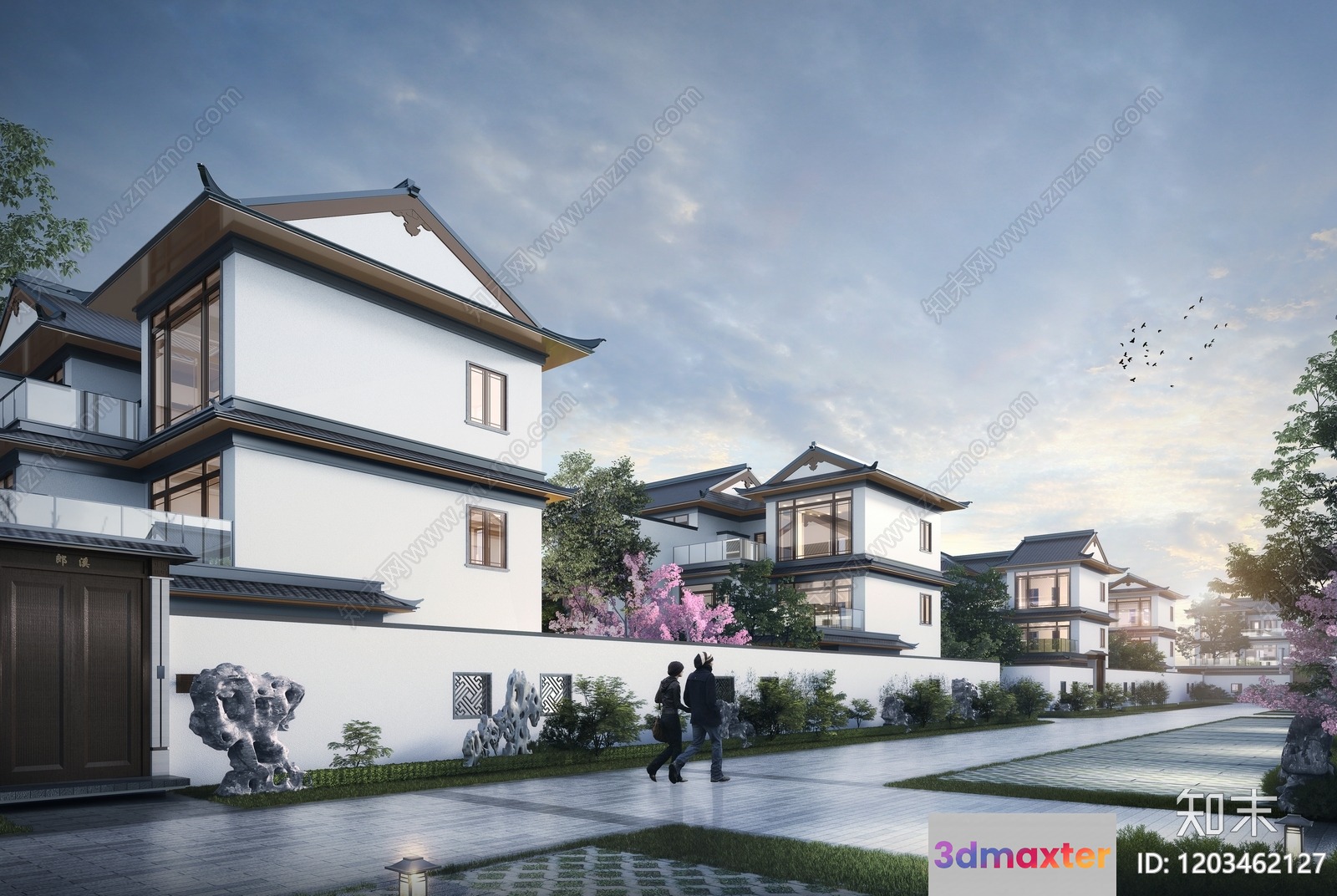 A Large White House With A Brown Door And A Stone Pathway 3D Model - 9677 - VRAY Render