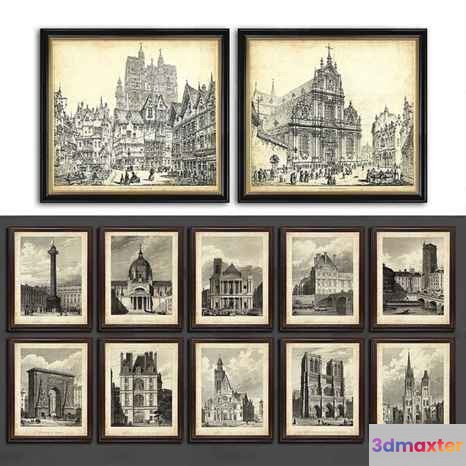 A Collection Of Framed Black And White Cityscape Paintings 3D Model - 6442 - VRAY Render