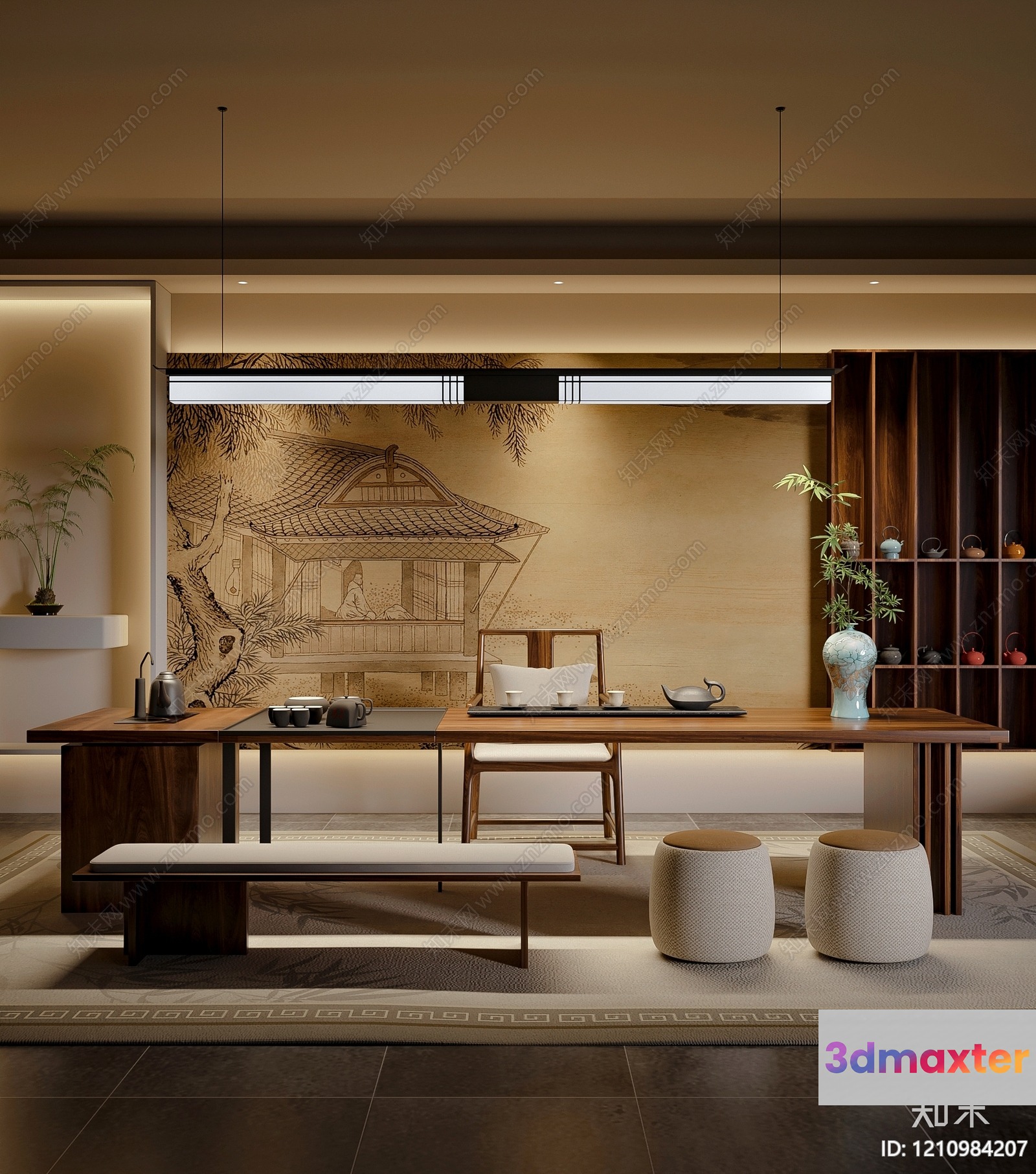 Modern Asian-Style Dining Room 3D Model - 2024 - VRAY Render