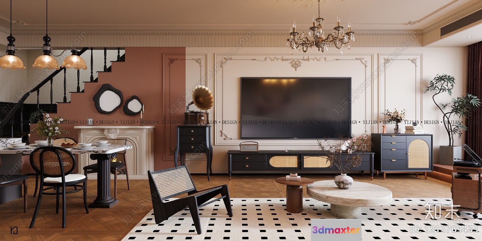 A Living Room With A Large Tv 3D Model - 13536 - VRAY Render