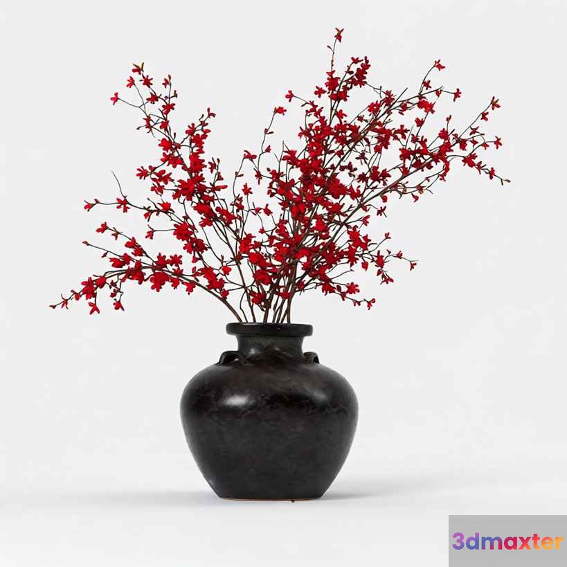 A Black Vase With Red Flowers 3D Model - 12280 - VRAY Render