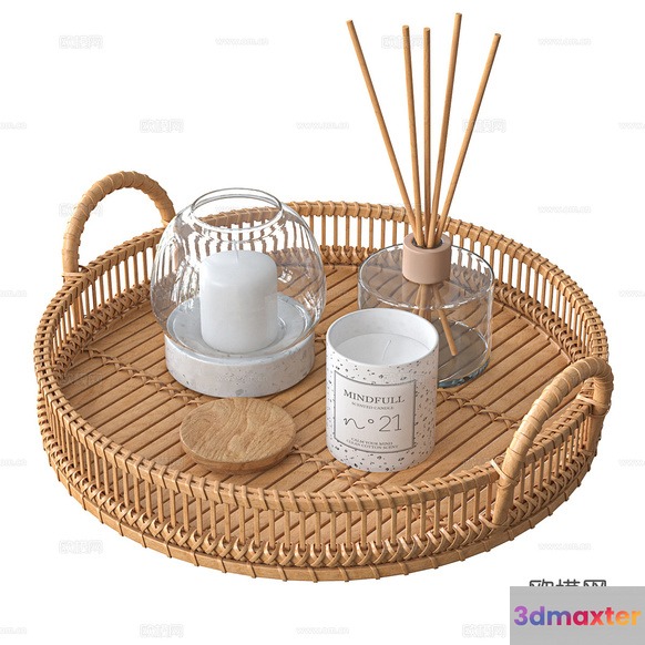 A Woven Tray With Candles And A Reed Diffuser 3D Model - 7389 - CORONA Render