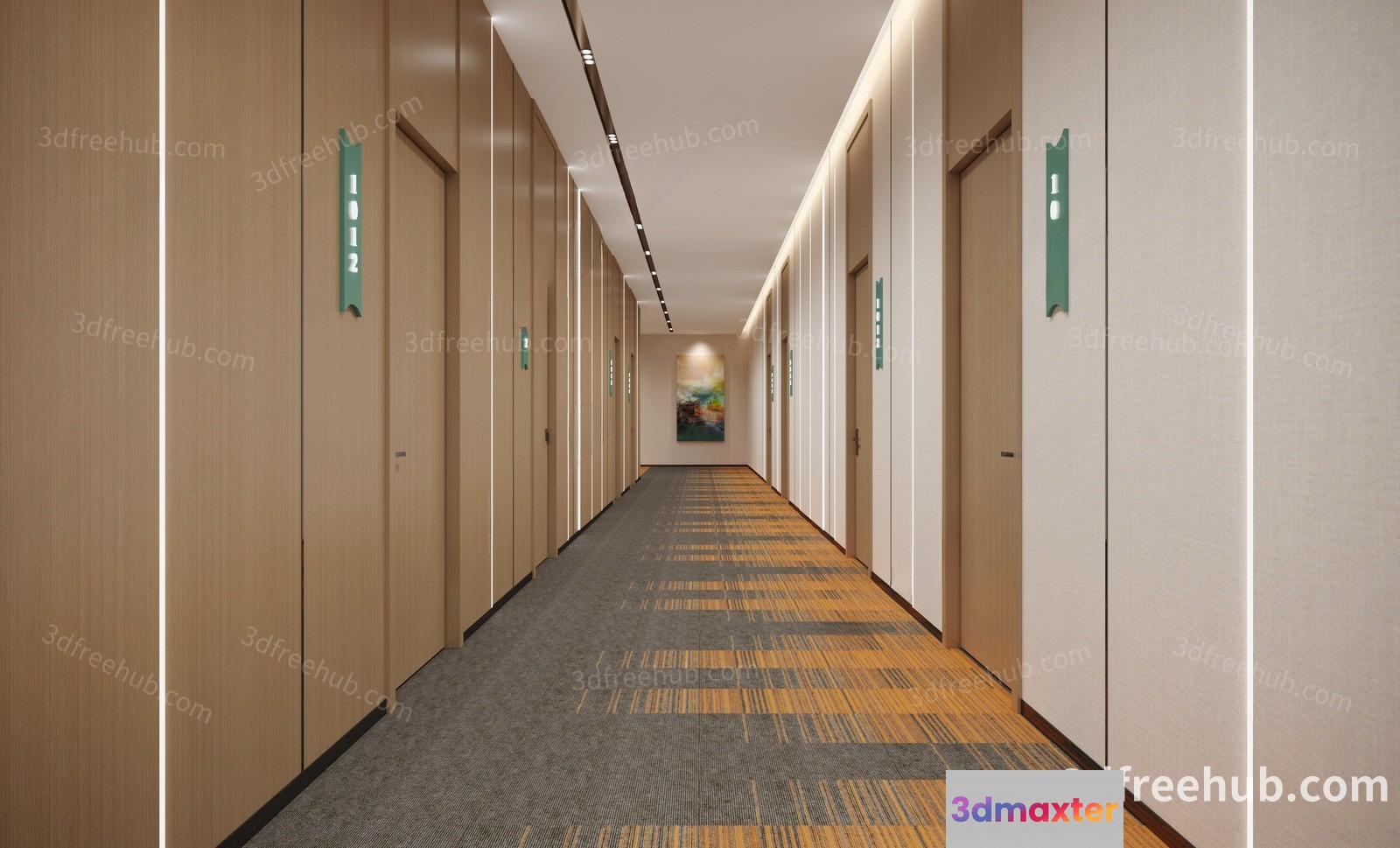A Long Narrow Hallway With Multiple Doors And A Carpeted 3D Model - 21299 - VRAY Render
