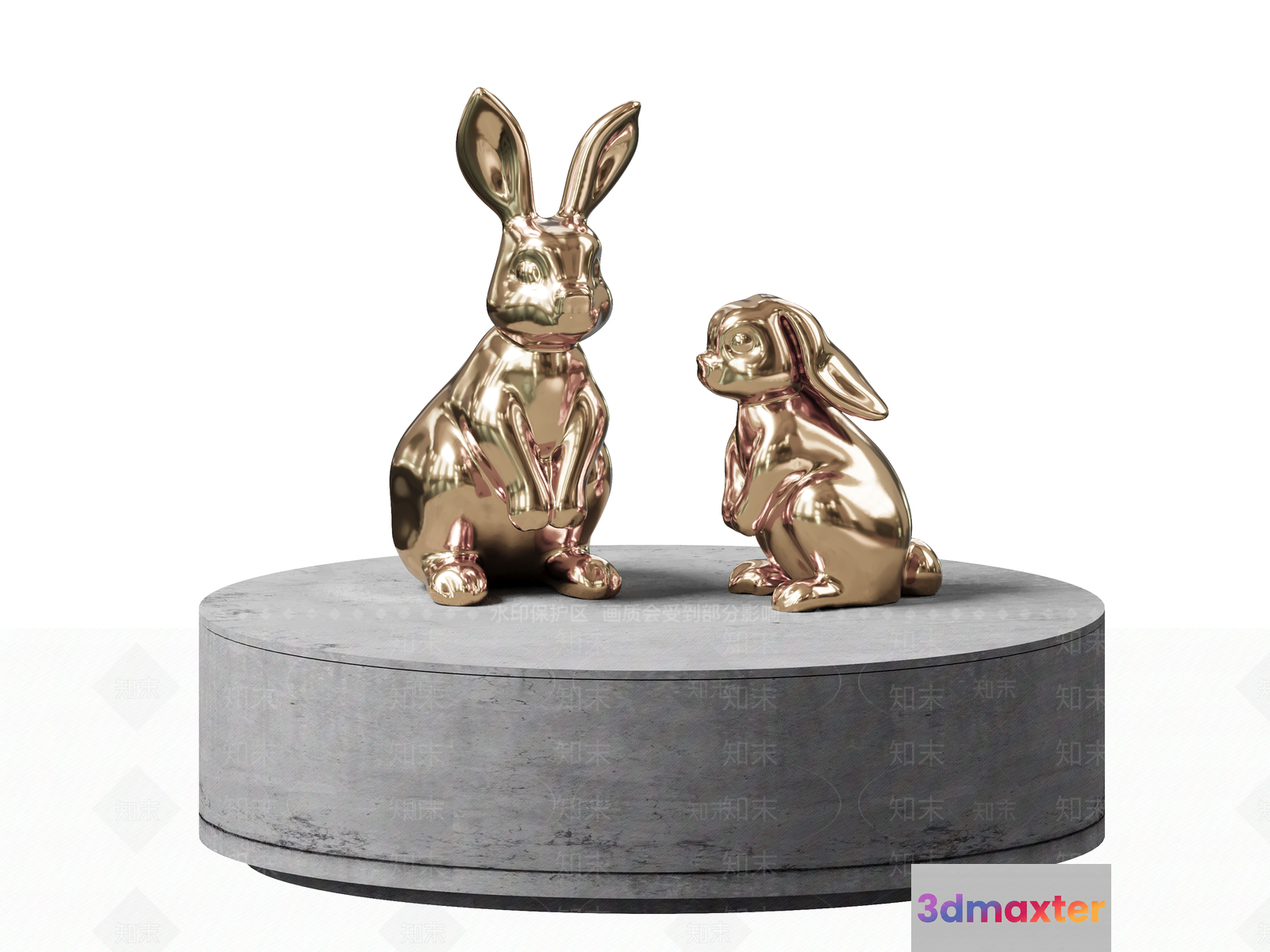 Two Gold Bunnies On A Round Table 3D Model - 7340 - VRAY Render