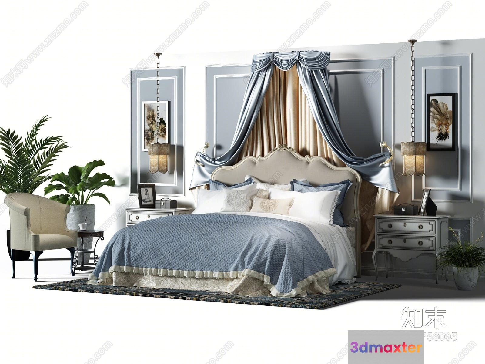 A Bedroom With A Large Bed 3D Model - 7197 - VRAY Render