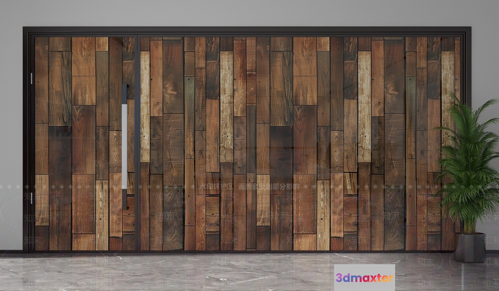 A Large Wooden Door With A Plant On The Side 3D Model - 6142 - VRAY Render