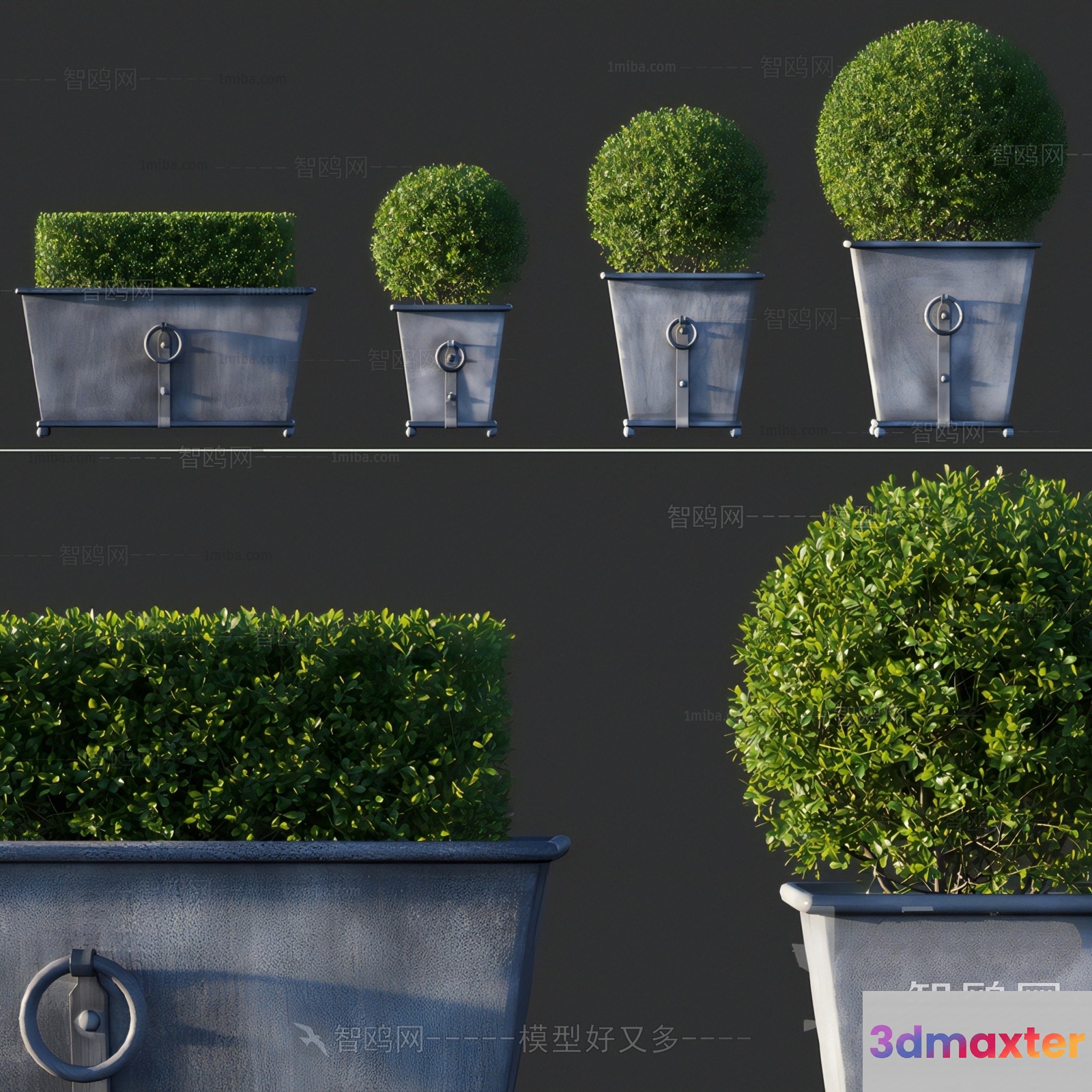 A Large Gray Planter With Green Plants 3D Model - 14020 - VRAY Render