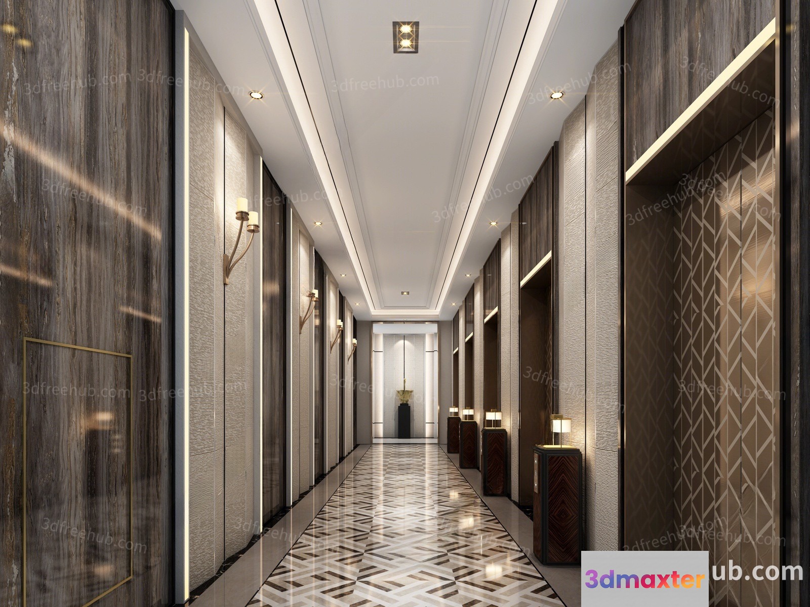 The Hallway Features A Long Narrow Corridor With A High Ceiling And A Pattern 3D Model - 19857 - VRAY Render