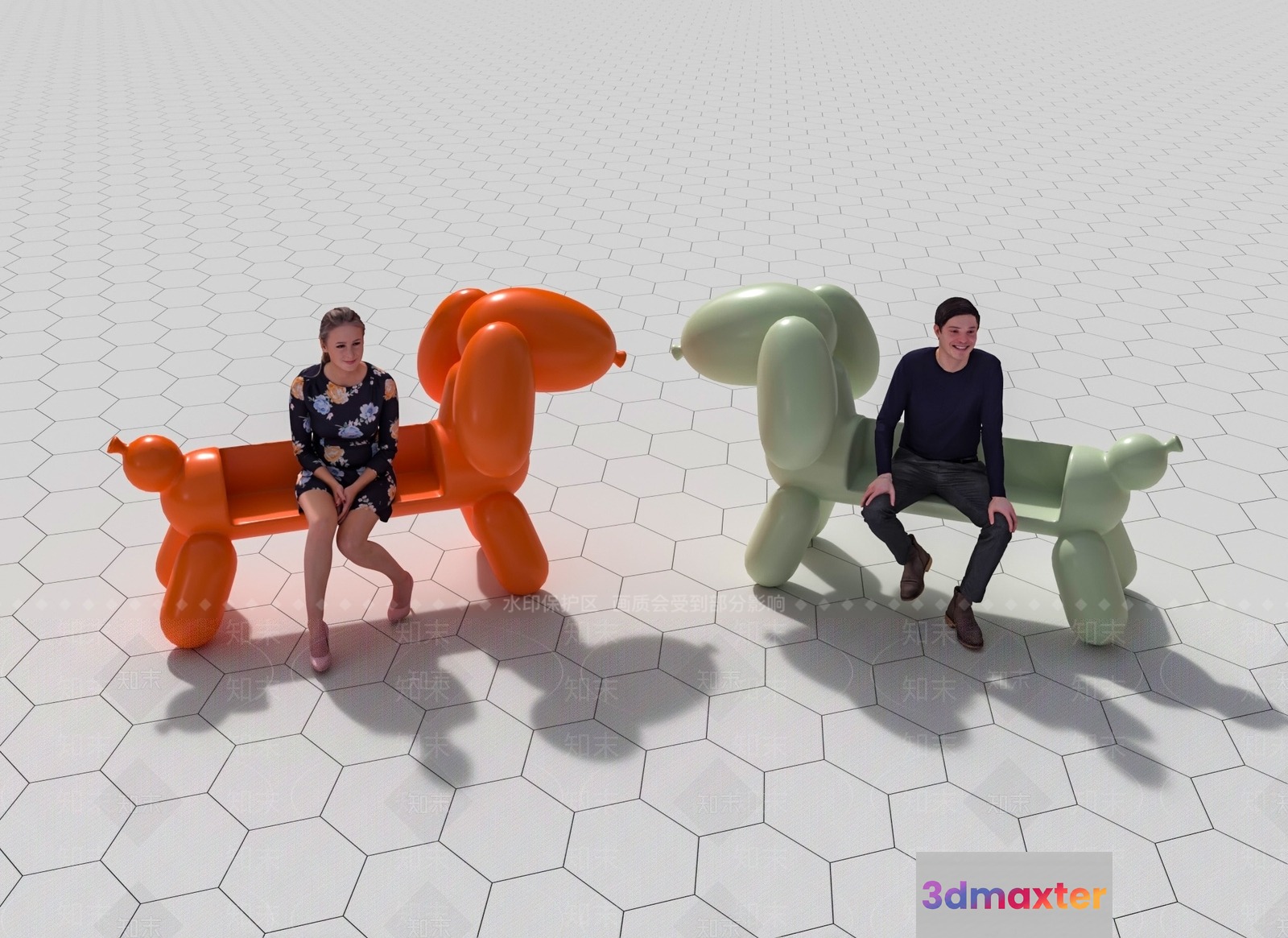 A Man And Woman Sitting On Dog-Shaped Benches 3D Model - 12740 - VRAY Render