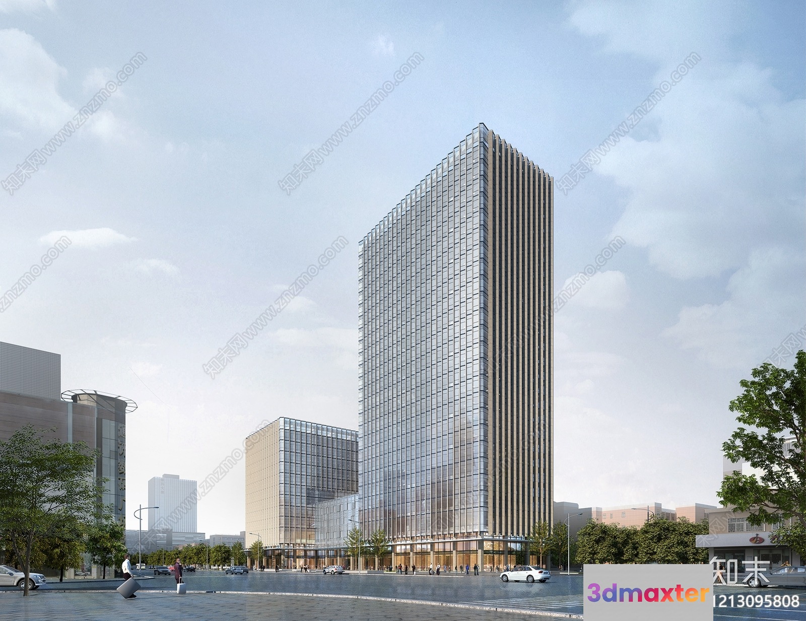 The Main Subject Is A Tall Glass Building And One Key Characteristic Is Its 3D Model - 9675 - VRAY Render